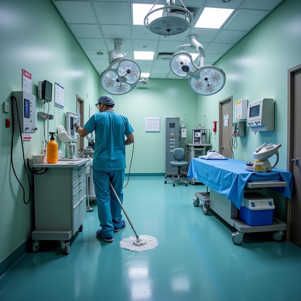 A hospital housekeeper meticulously sanitizing an operating room, adhering to strict hygiene protocols.