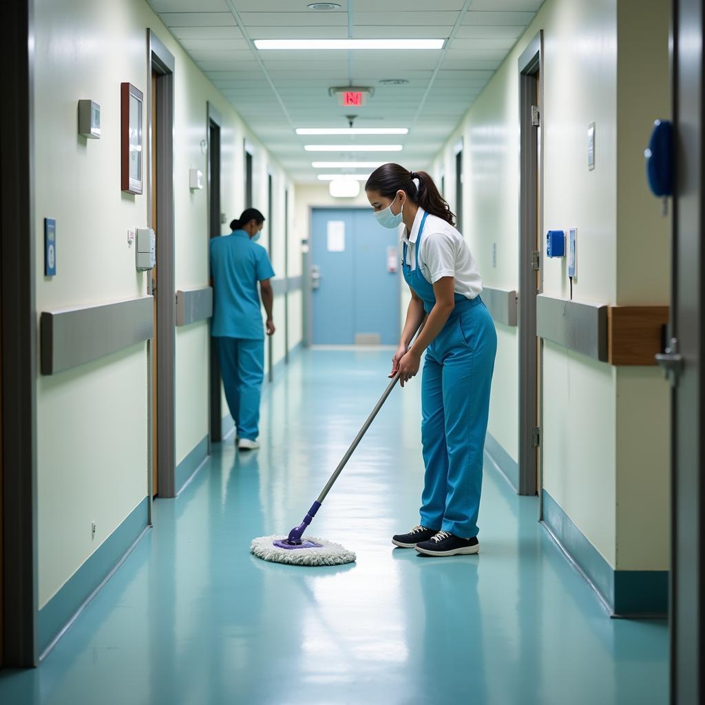 Hospital Janitor Mopping Floor