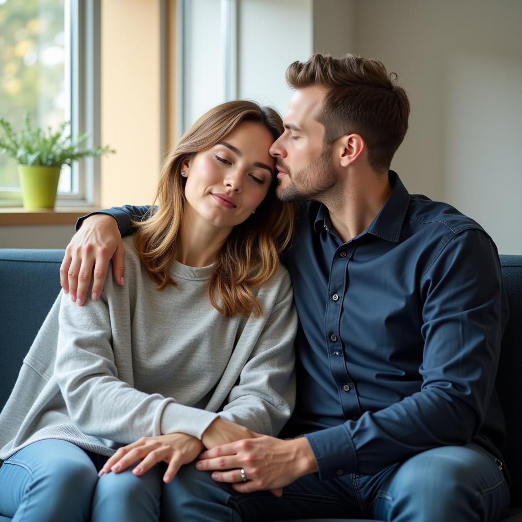 A couple embraces and shares a comforting kiss in a hospital waiting room.