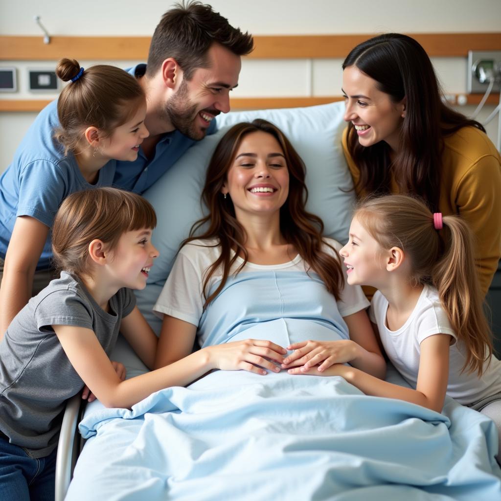 A family gathers around a patient's bed, offering support and encouragement during recovery.