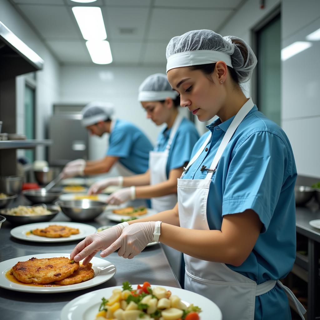 Hospital Kitchen Staff Preparing Meals