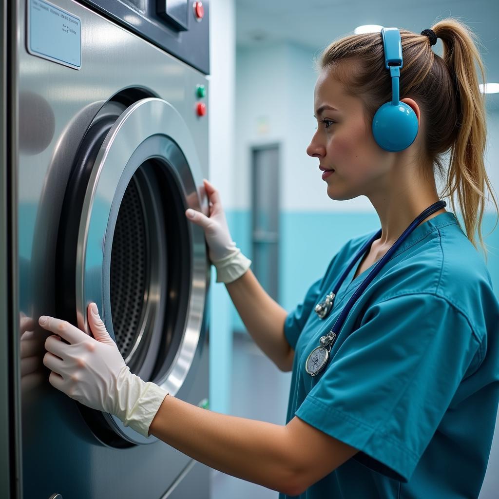 Hospital Laundry Technician Operating Machine