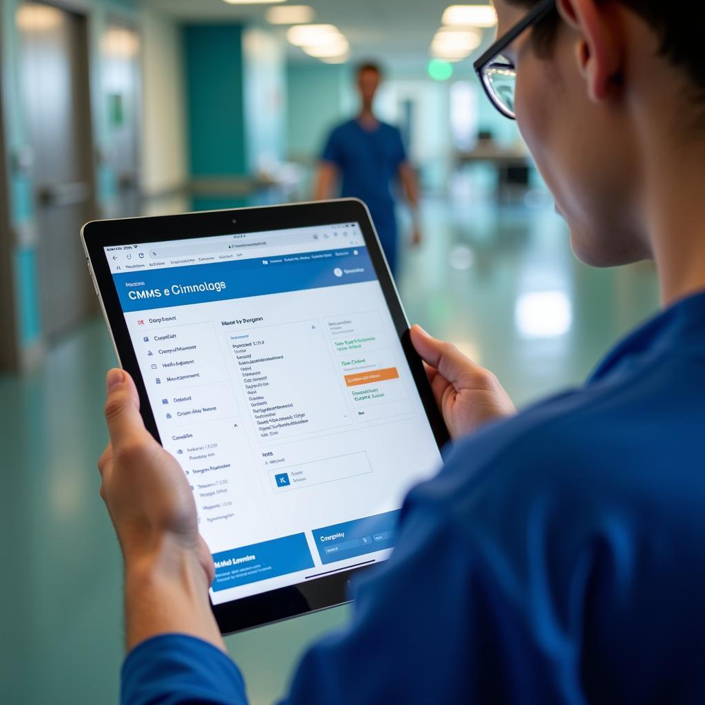 Hospital Maintenance Technician Using CMMS on Tablet