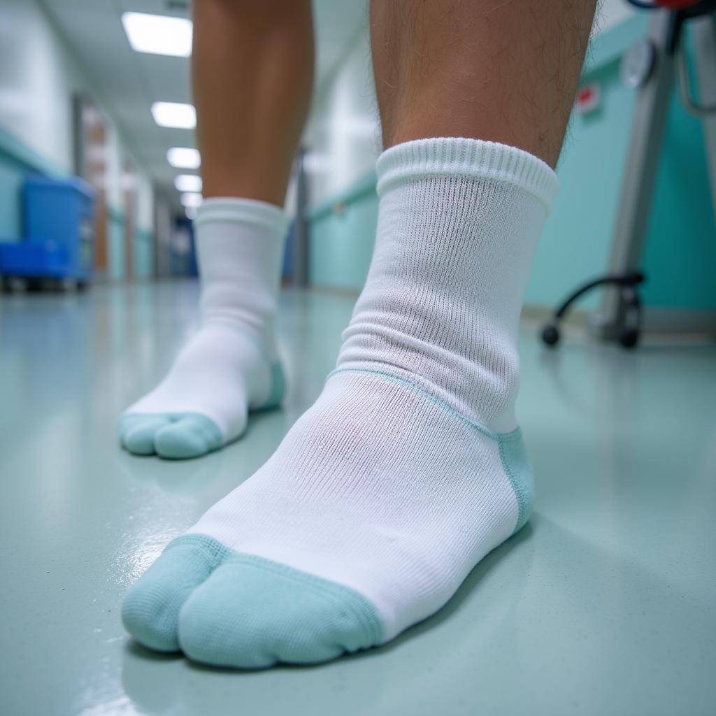 Hospital non-skid socks providing grip on a hospital floor