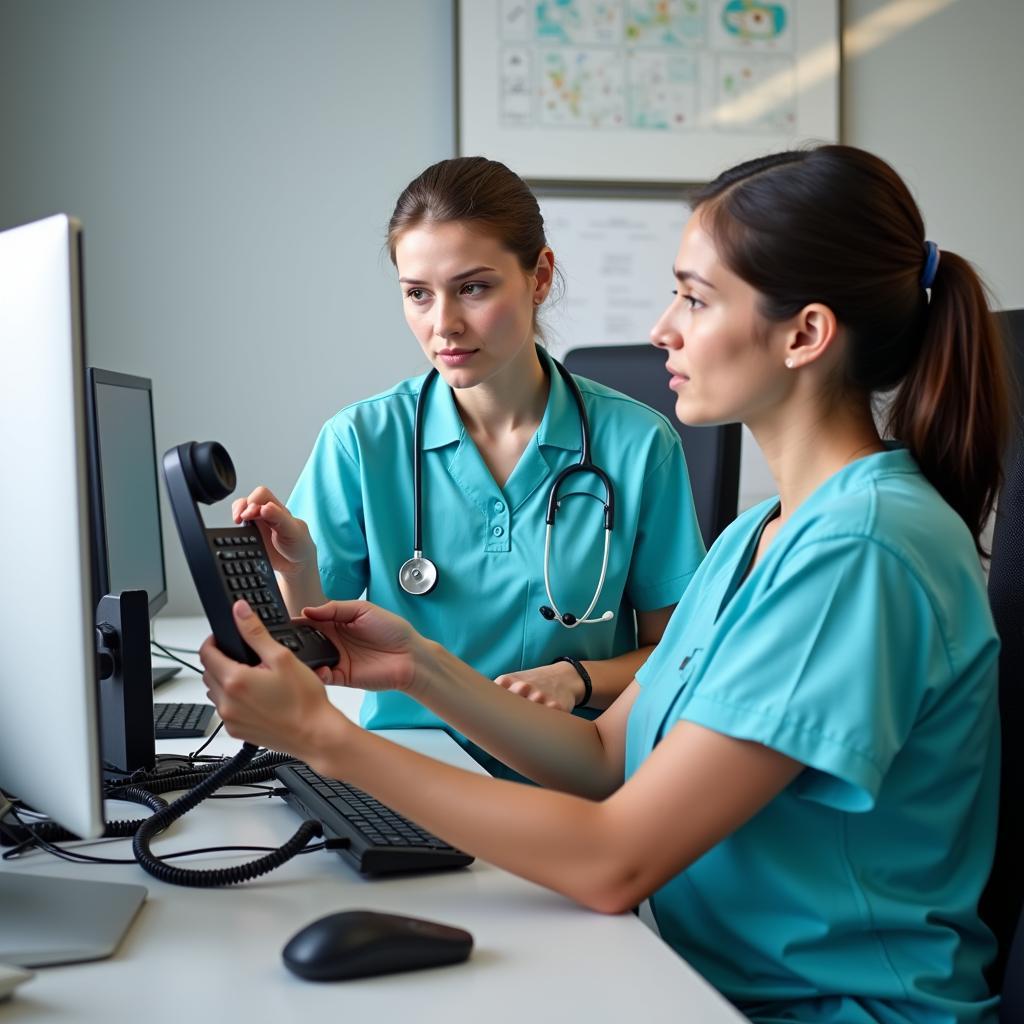 Hospital operator training a new employee on the phone system