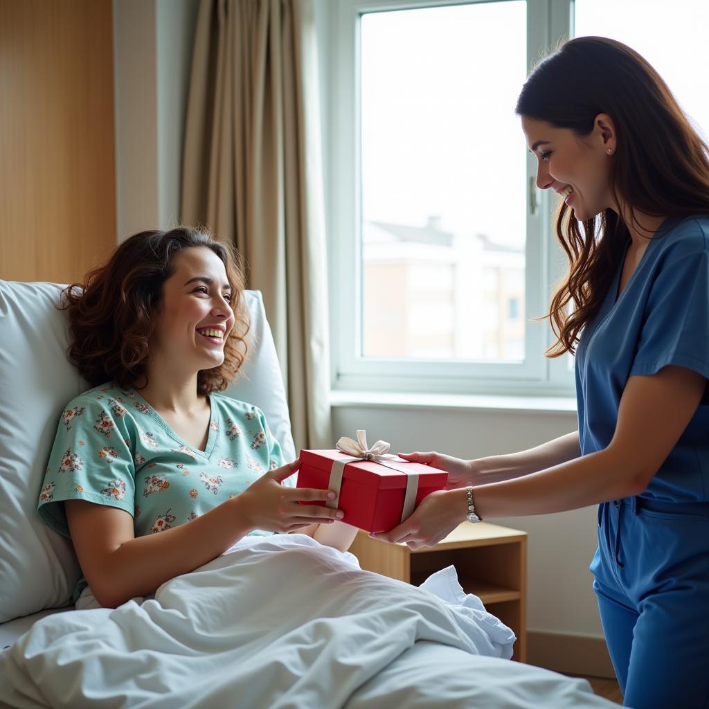 Patient Receiving a Gift in Hospital Bed