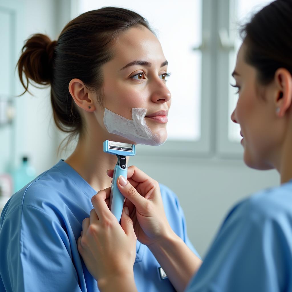 Patient using a hospital razor with assistance