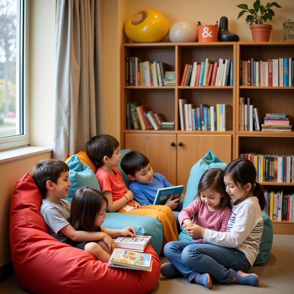 Children relaxing and reading in a comfortable and quiet corner of the hospital playroom.