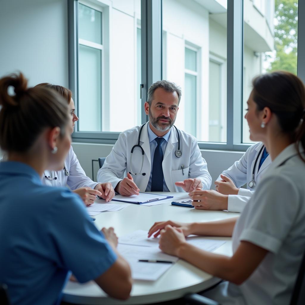 Hospital psychologist consulting with a medical team in a hospital setting