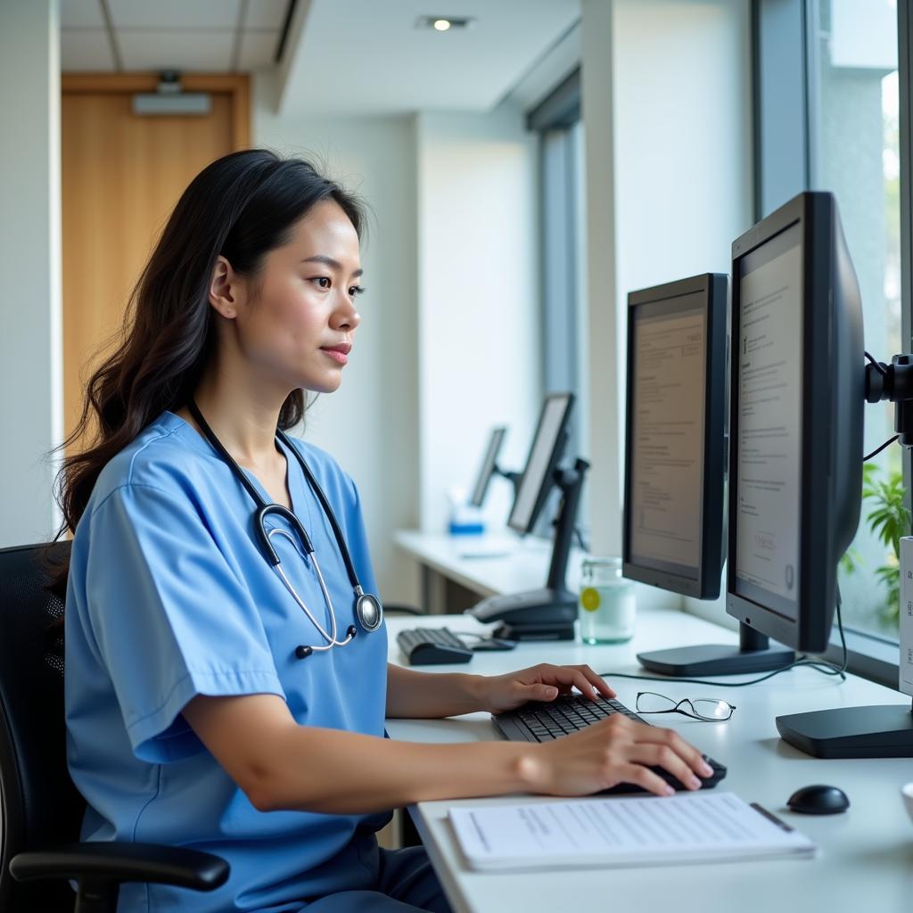 A hospital receptionist uses a computer to manage patient information.