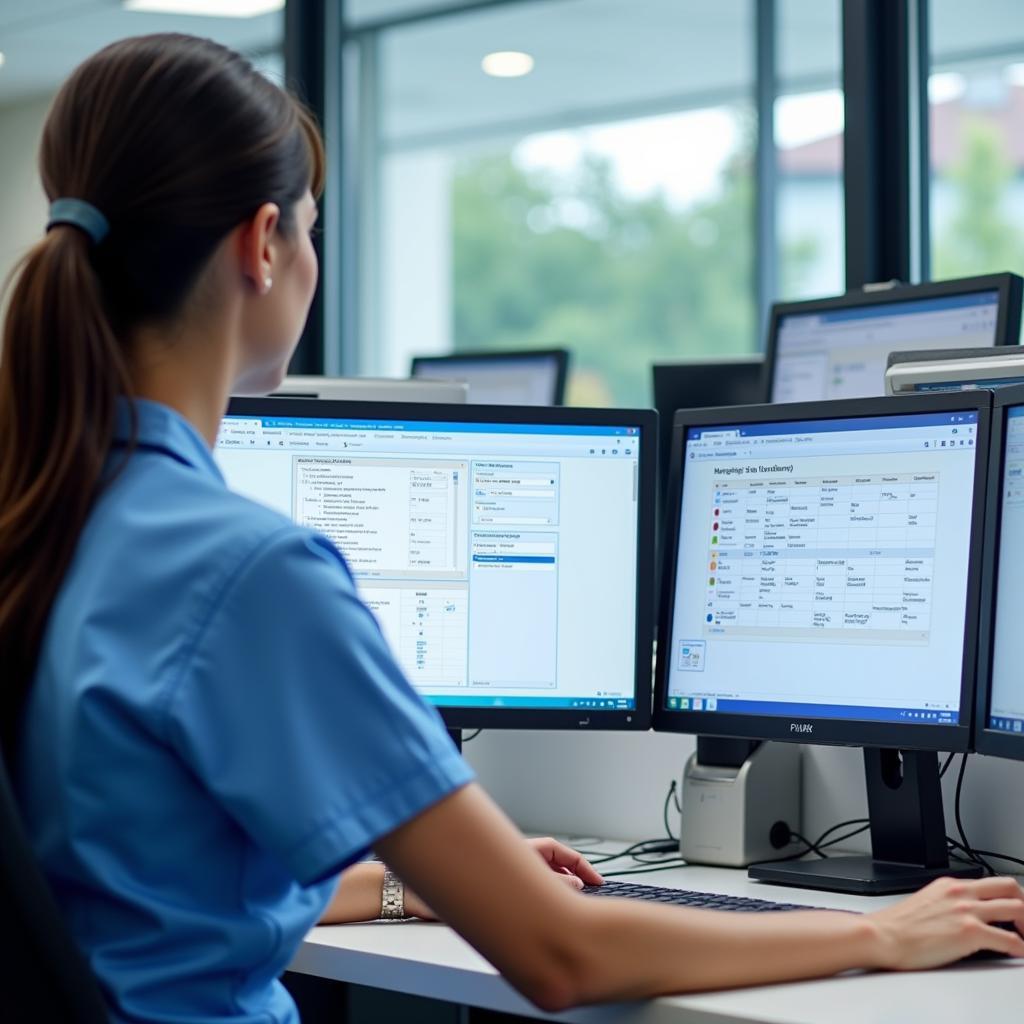 Hospital receptionist using a computer to manage patient records