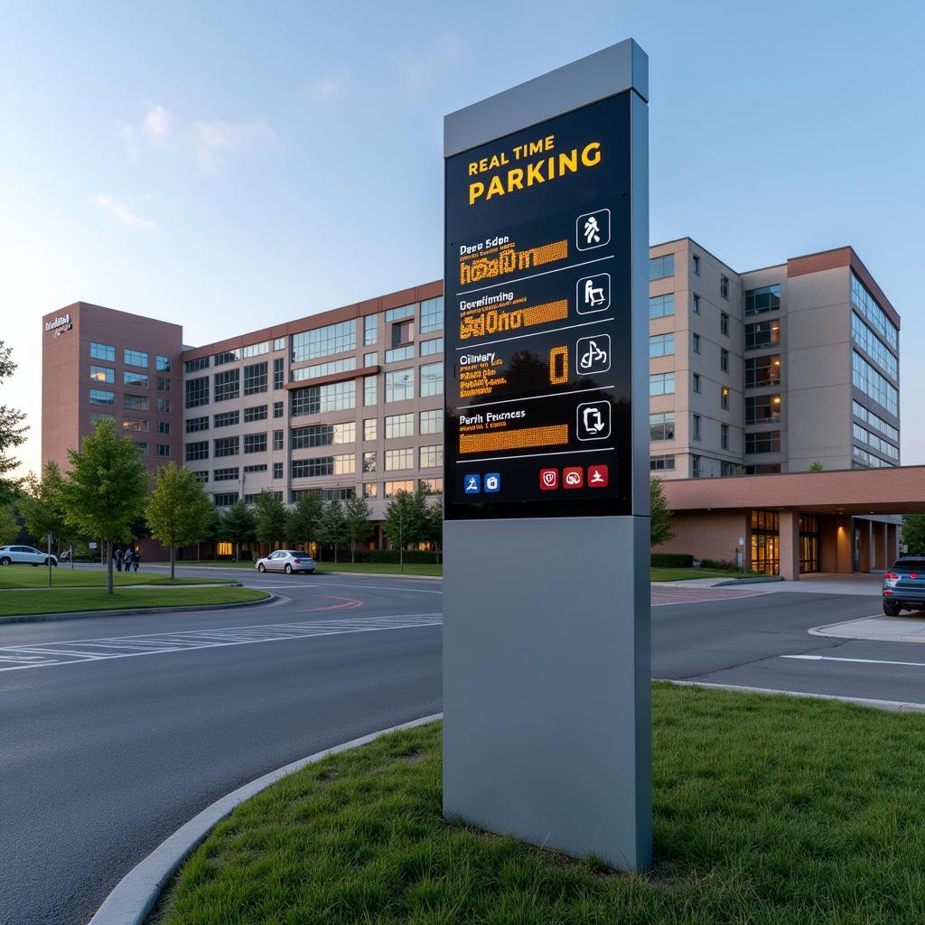 Hospital Road Sign with Digital Display Showing Parking Availability