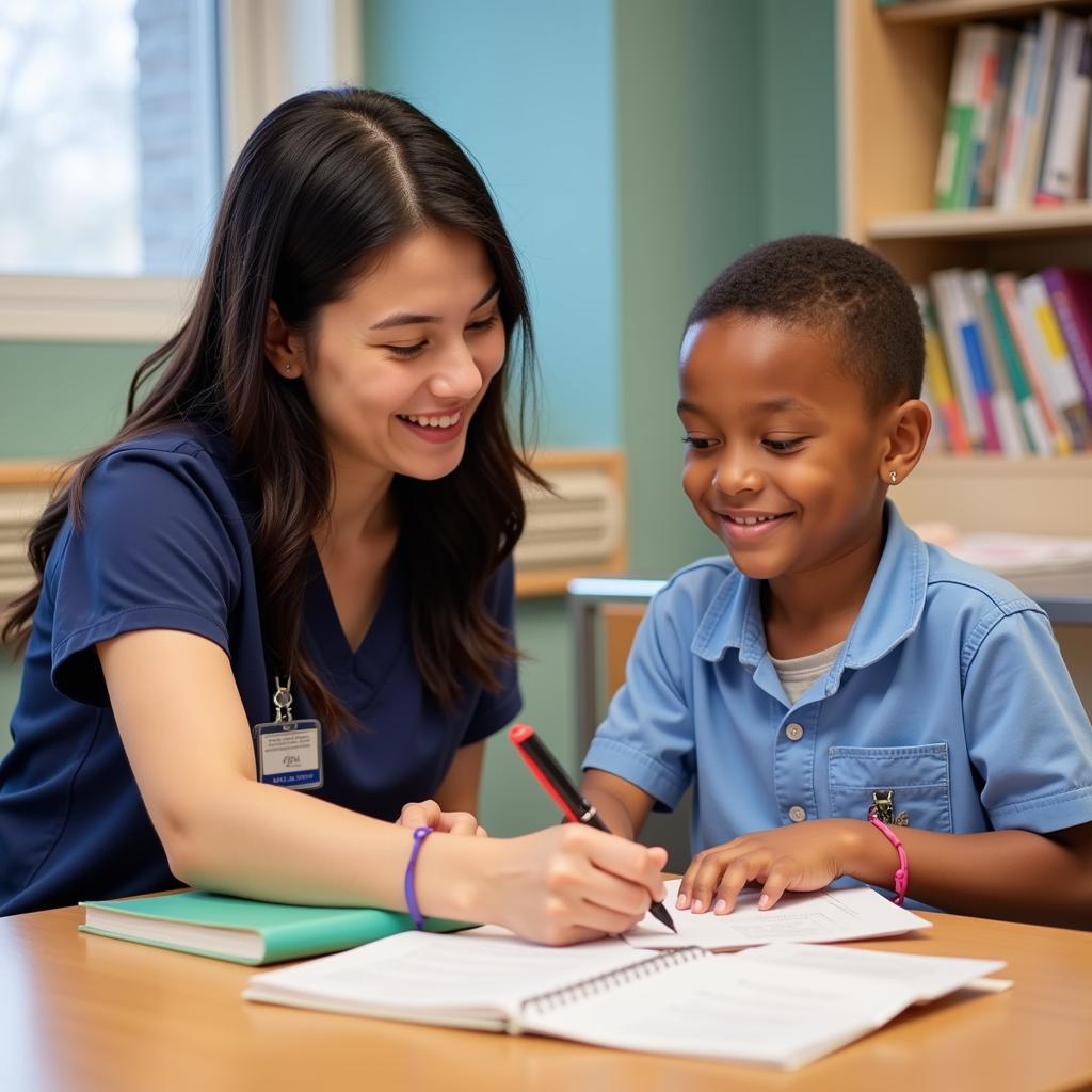 A teacher working one-on-one with a student in a hospital school setting.