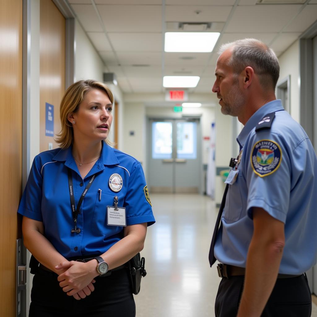 Hospital security officer assisting a visitor