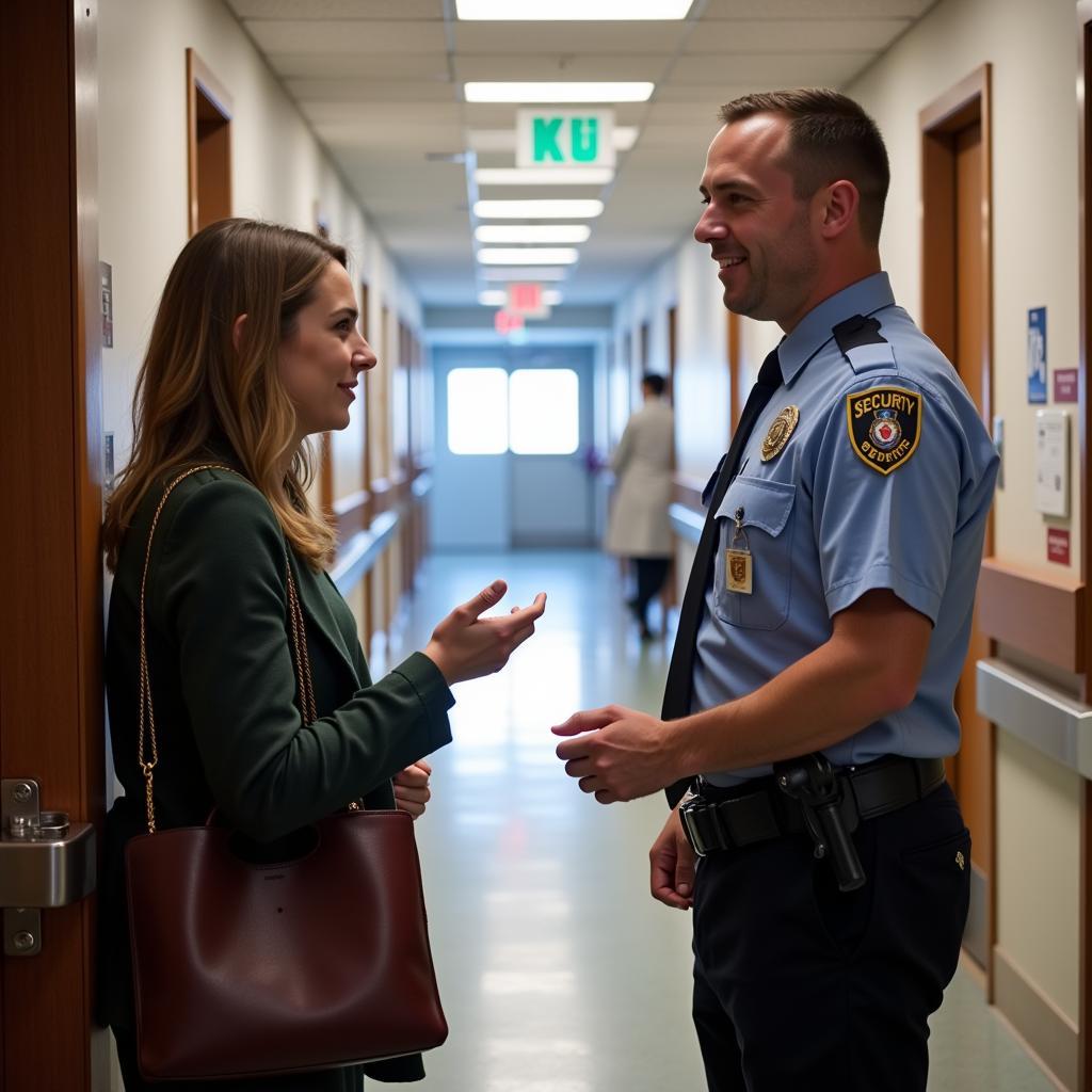 Hospital Security Officer Talking to a Visitor