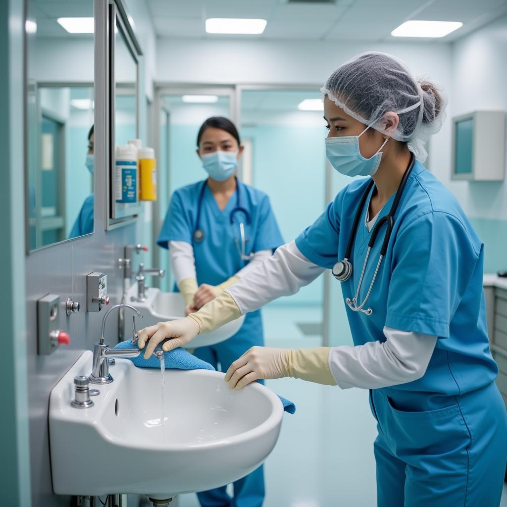 Hospital Staff Cleaning a Wash Basin Following Hygiene Protocol