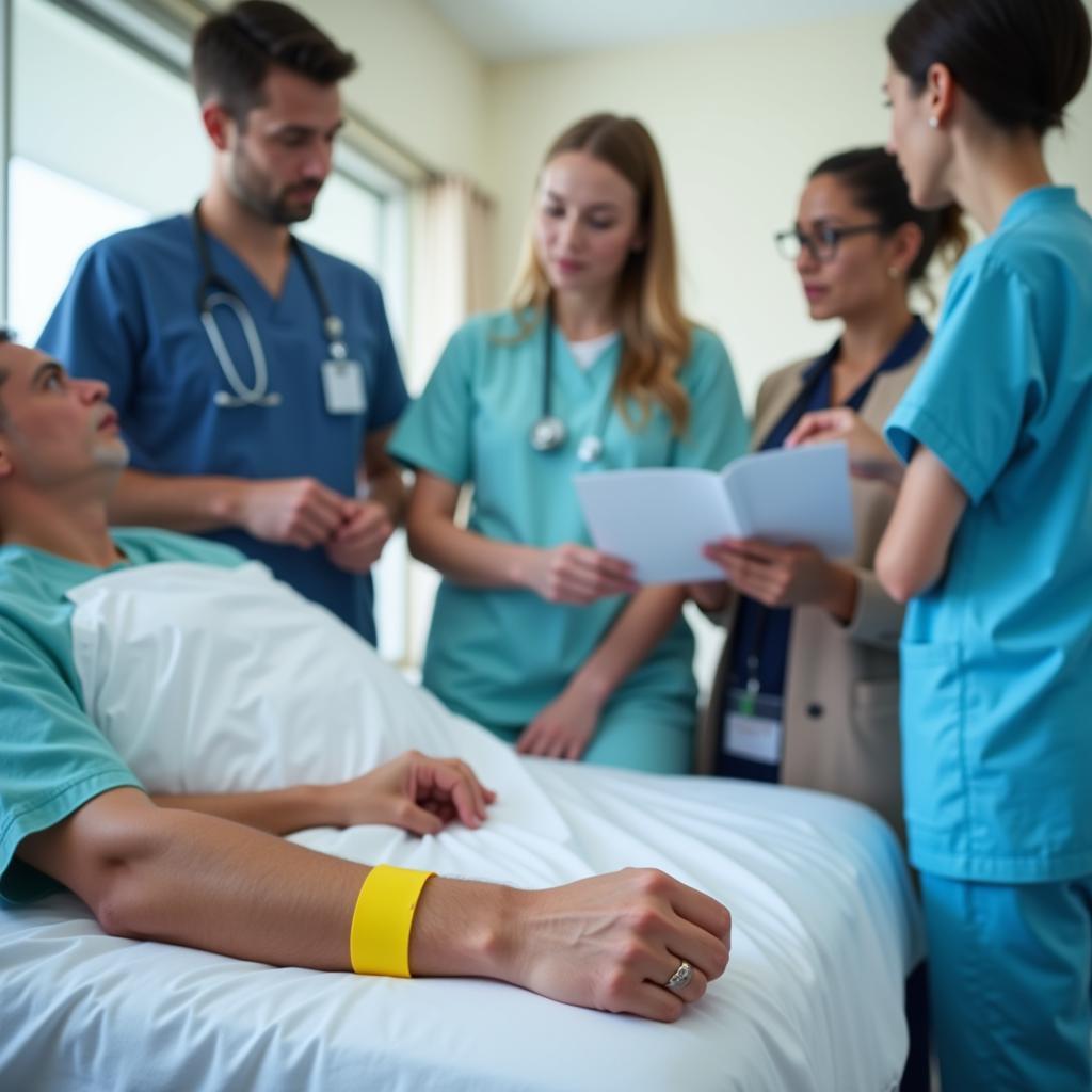 Hospital staff discussing patient chart, yellow wristband visible