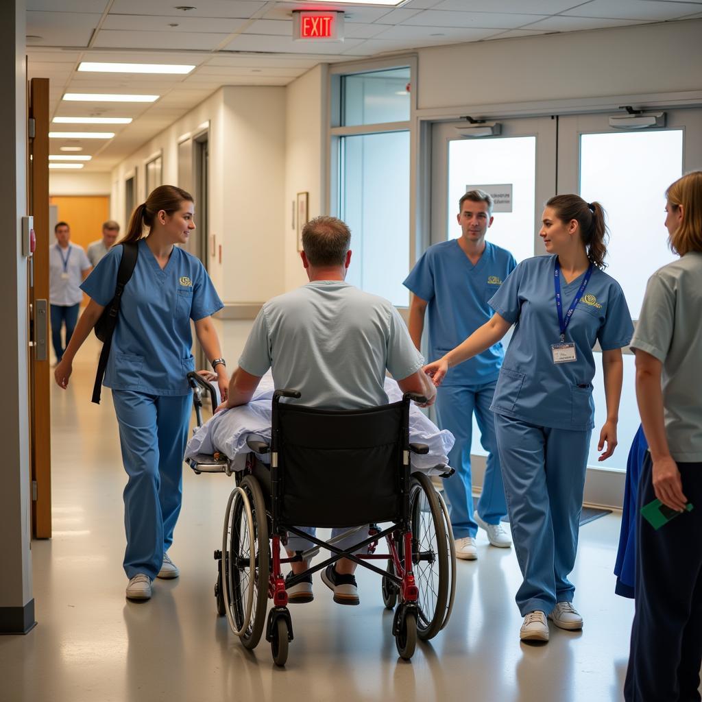 Hospital staff participating in fire drills to practice evacuation procedures.