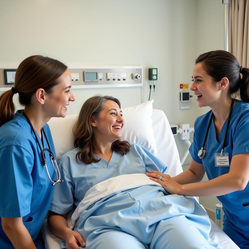 Hospital staff sharing a funny moment with a patient