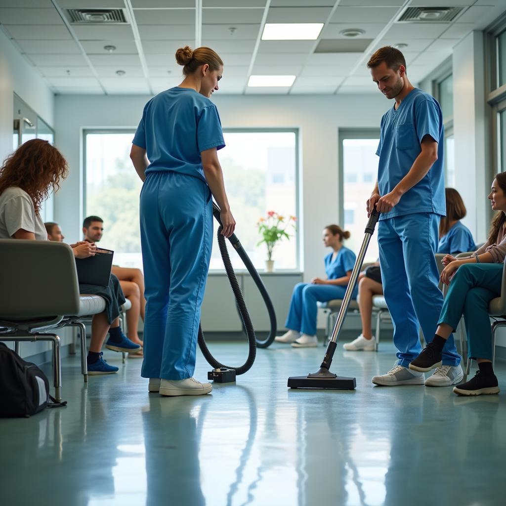 Hospital Staff Vacuuming Waiting Area