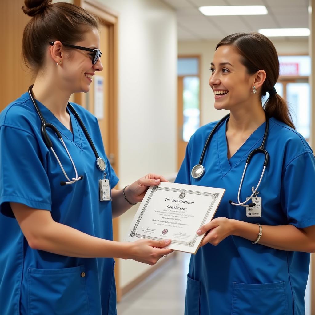 A hospital volunteer receiving a certificate of appreciation