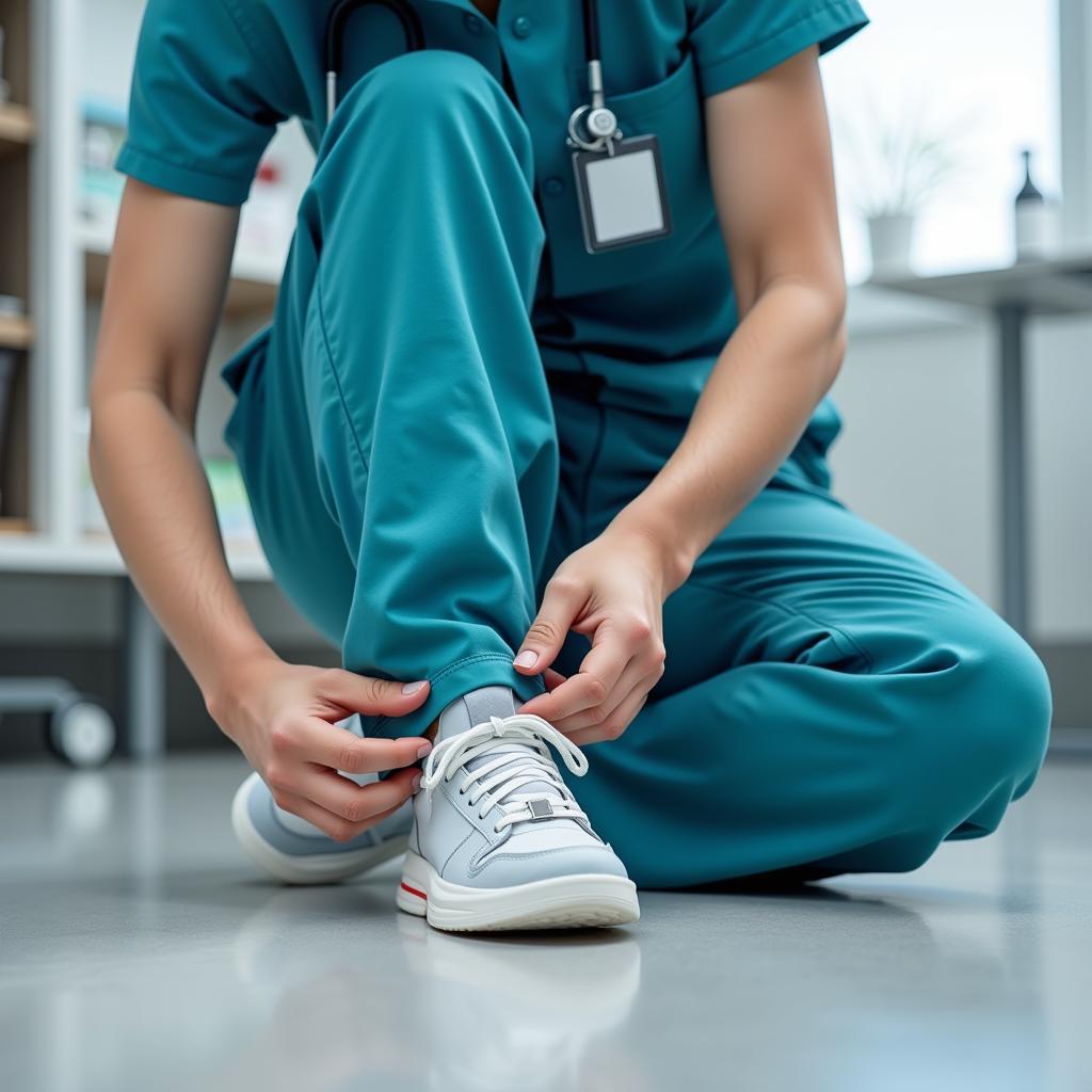 Hospital Worker Trying on Sneakers