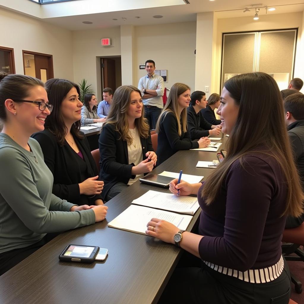 Hospitality students practicing customer service skills in a simulated hotel environment