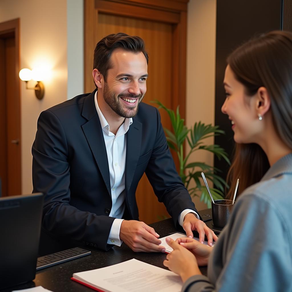 Hotel concierge assisting guests with information and bookings.