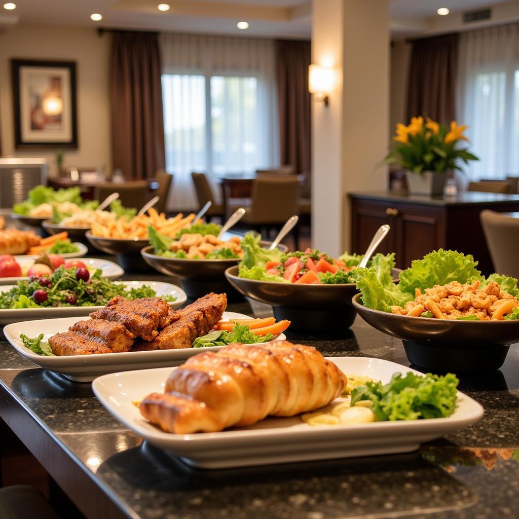 Hotel dining area with a variety of food options