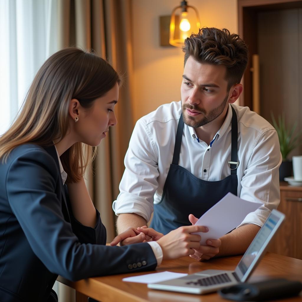 Experienced hotel manager mentoring junior staff members