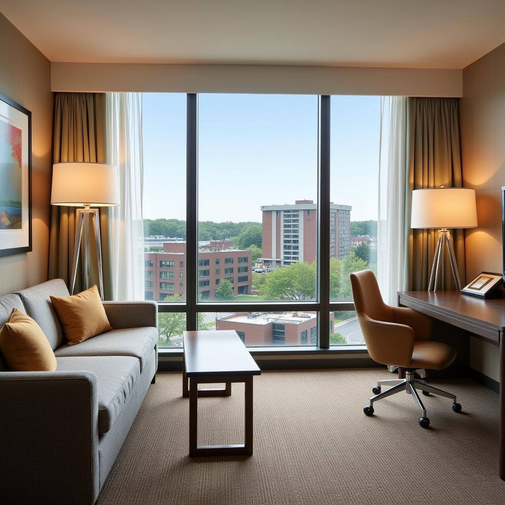 Spacious hotel room with a view of Dupont Hospital from the window