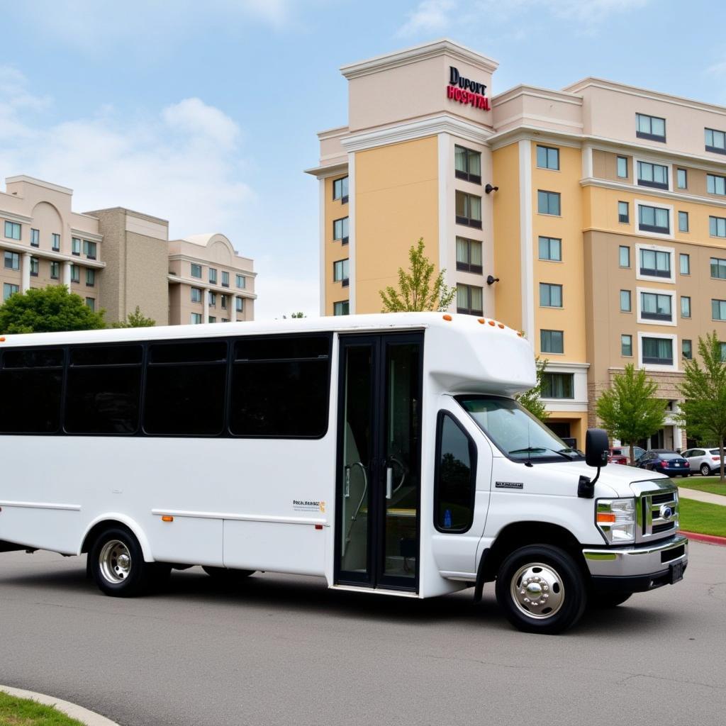 Hotel shuttle bus parked near the entrance of Dupont Hospital