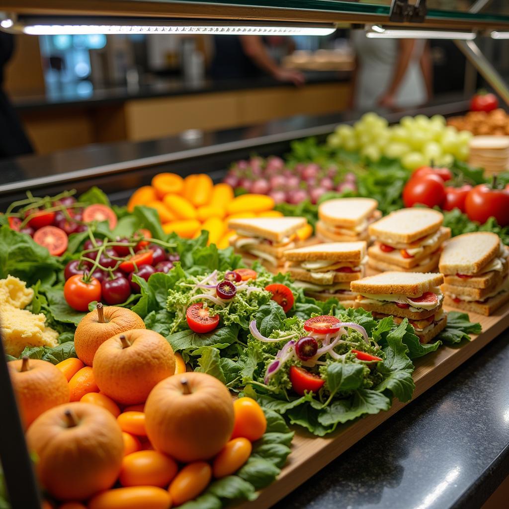 Healthy food options at Huntsville Hospital food court including salads, sandwiches, and fresh fruit.