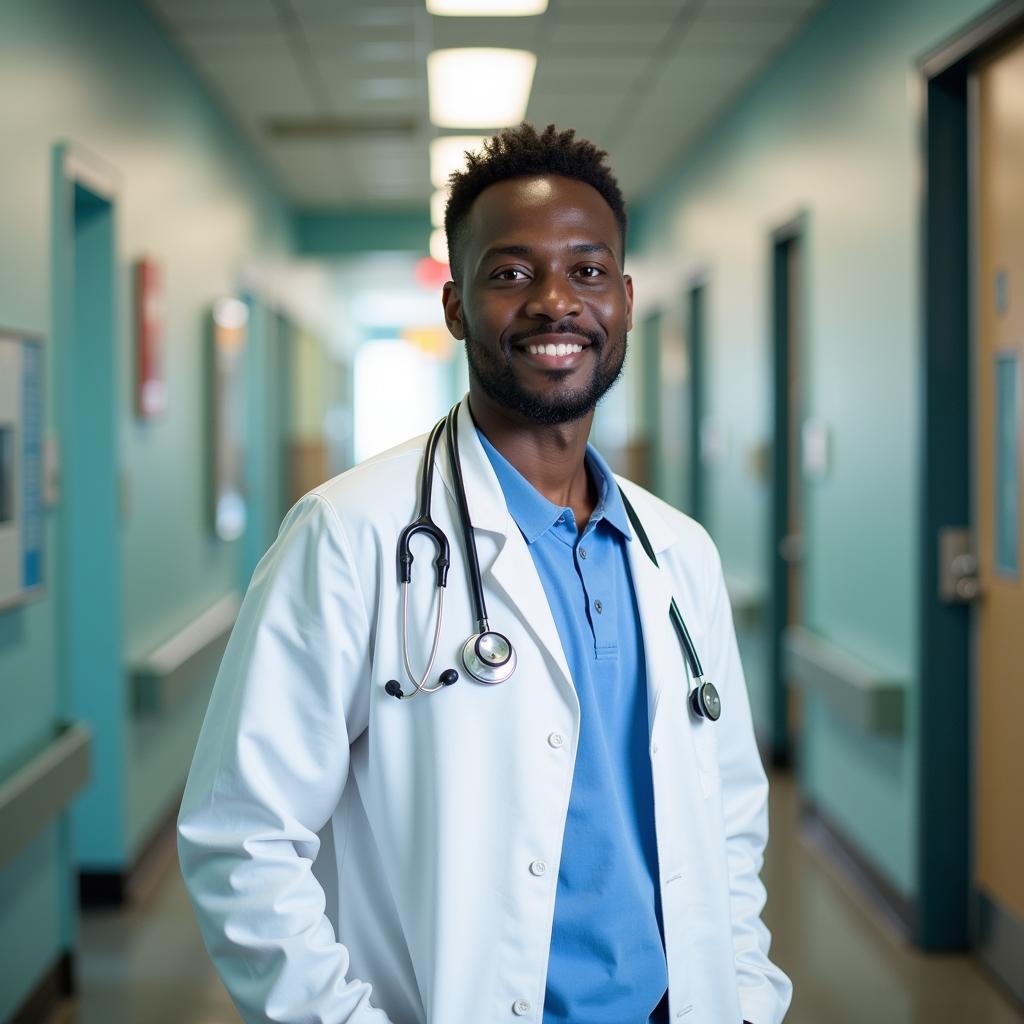 A Jamaican internal medicine resident looks confidently towards the future, symbolizing the promise of a fulfilling medical career.