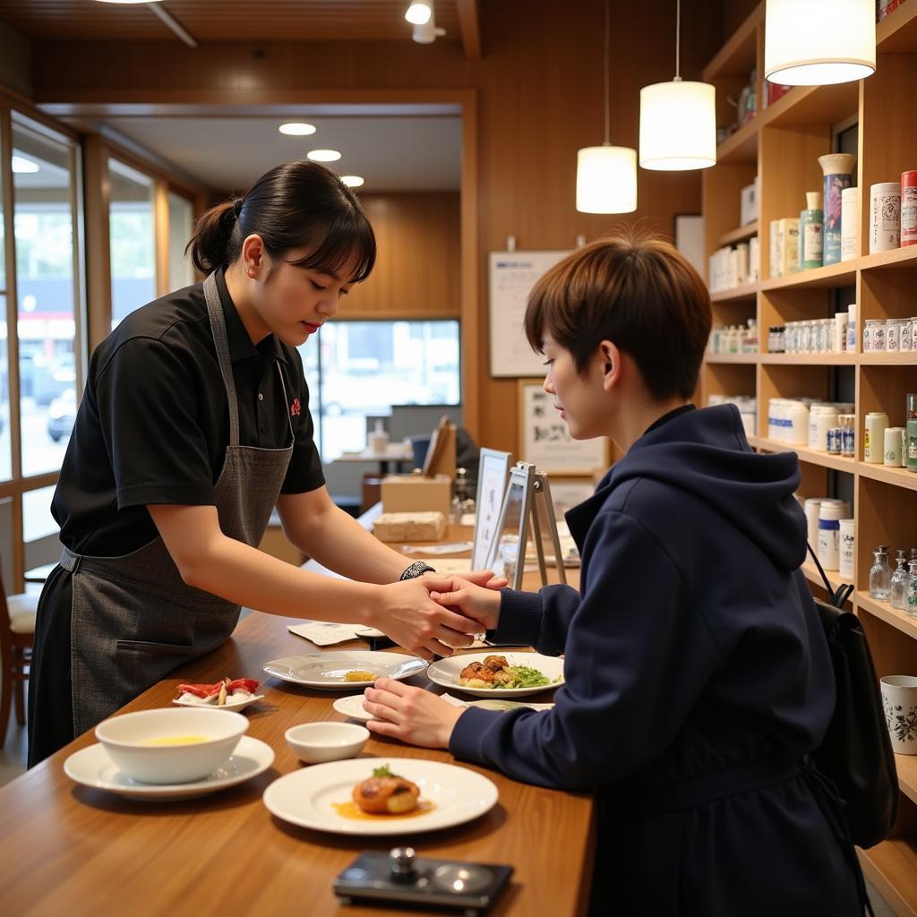 Japanese Shopkeeper Greeting Customer with a Bow