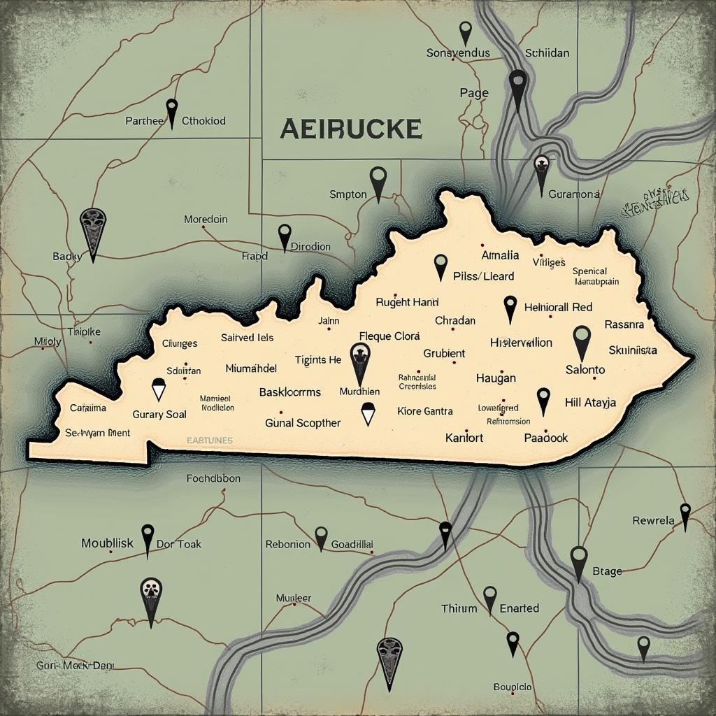 Map of Kentucky highlighting documented haunted locations