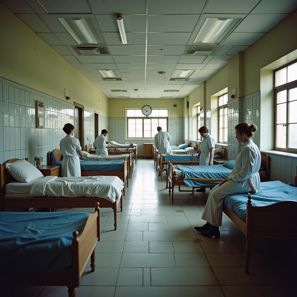 A ward inside a Lima tuberculosis hospital, showing patients in beds, medical staff attending to them, and the general ward environment.