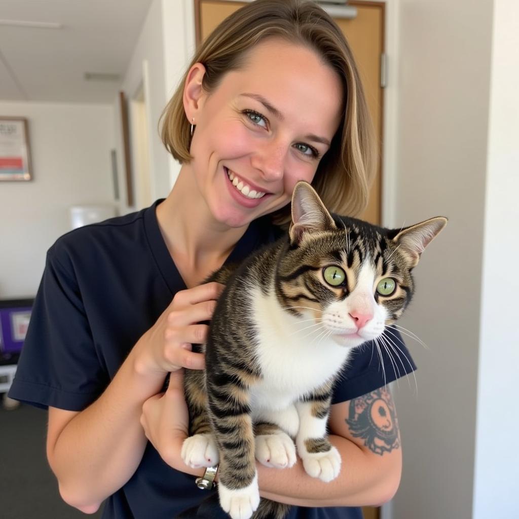 Happy Pet Owner Holding a Healthy Cat at Lindsay Veterinary Hospital