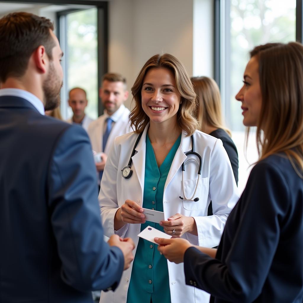 Healthcare professionals networking at an industry event