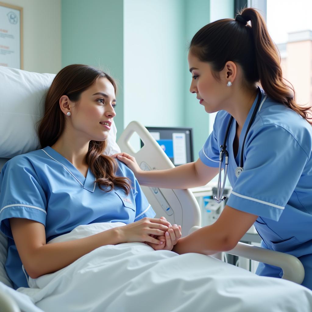 A compassionate nurse attending to a patient in a hospital room