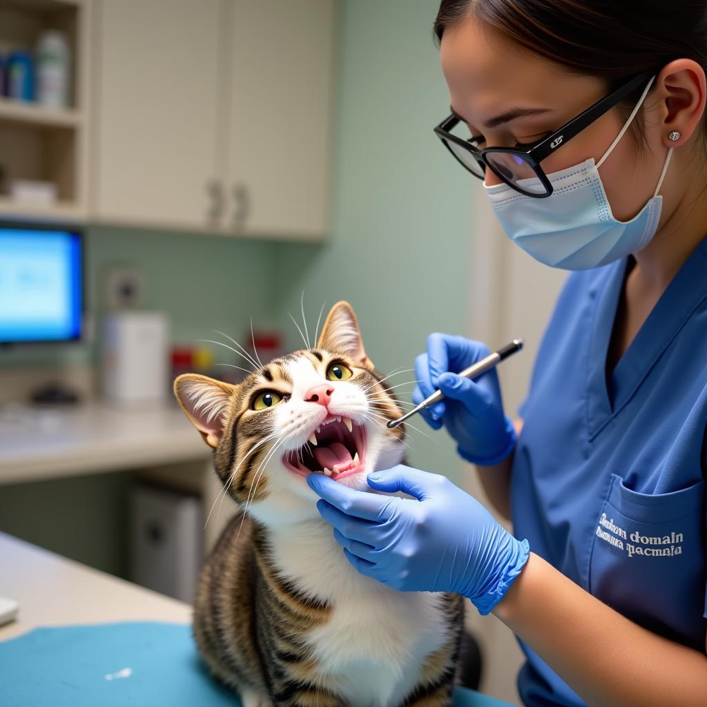 Veterinary technician performing dental cleaning on a cat