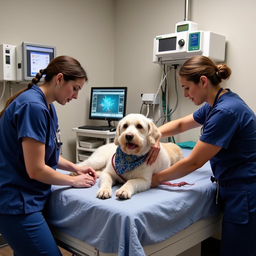 Veterinarian attending to a pet in an emergency room