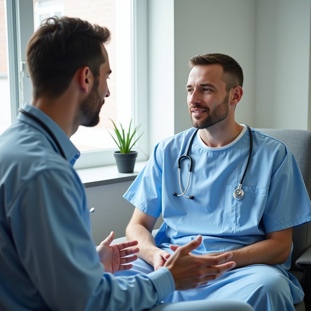 Male patient in hospital gown talking to doctor