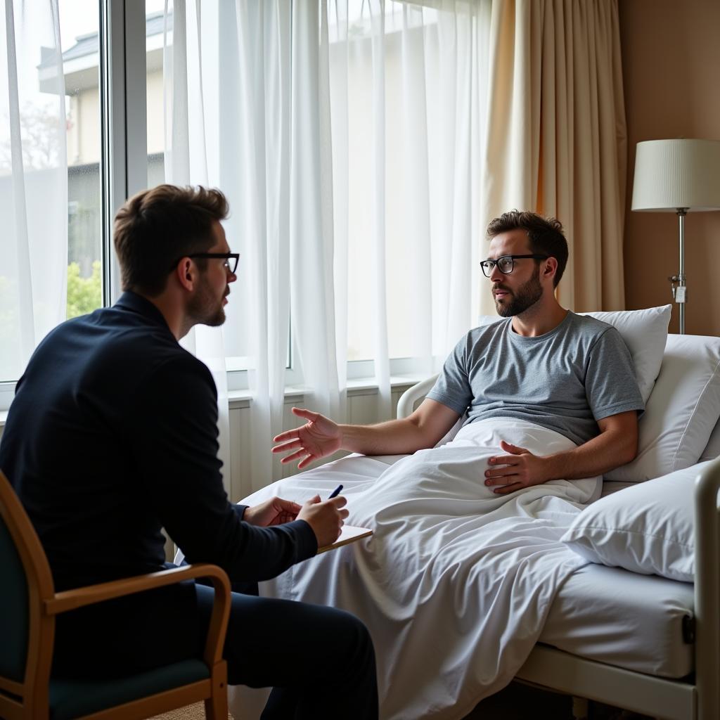 A man sits up in his hospital bed, talking to a therapist.