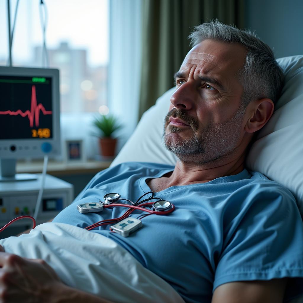 A middle-aged man lies in a hospital bed with a heart monitor attached.