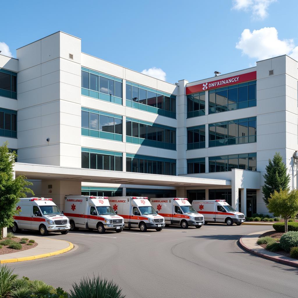 Modern Hospital Exterior with Ambulances