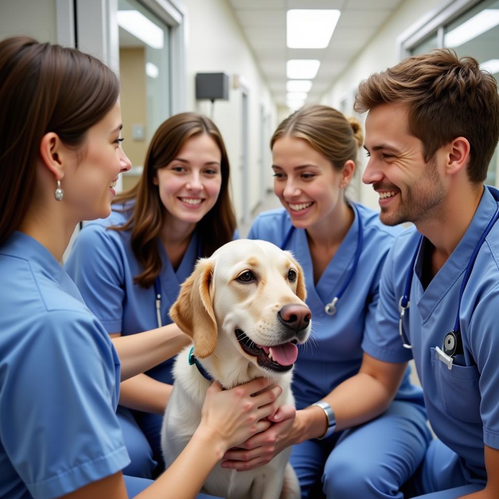 Veterinary team interacting with a pet owner and their dog