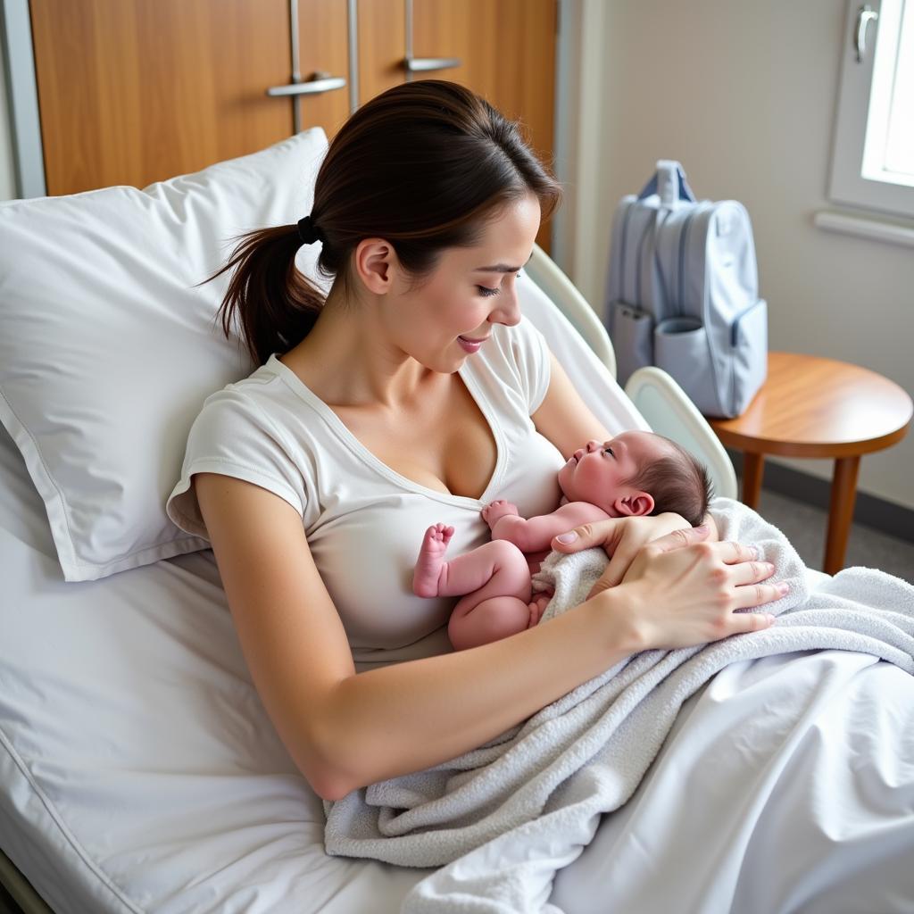 Mother Holding Newborn Baby in Hospital Room