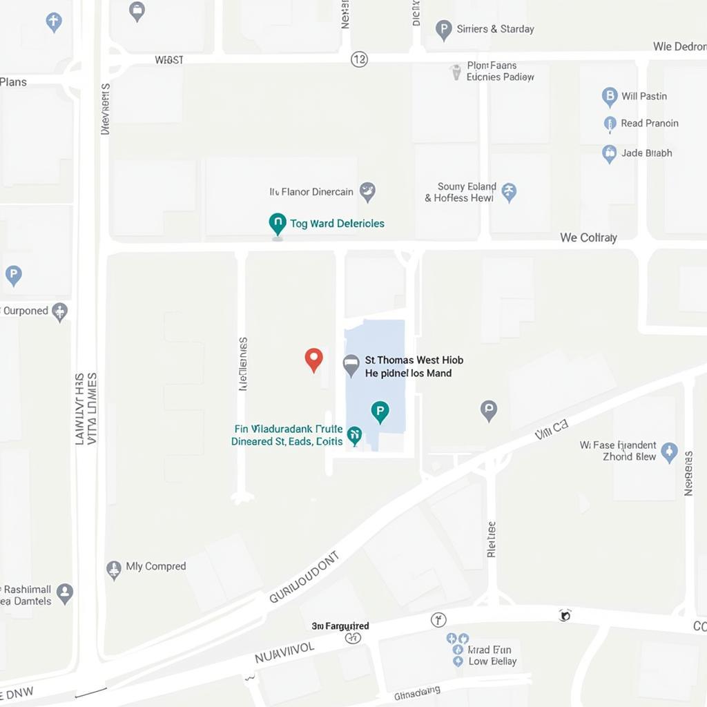 A map highlighting the location of various hotels near St. Thomas West Hospital in Nashville, TN, with key landmarks and transportation options.