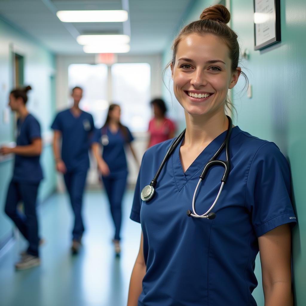 A medical professional smiling confidently in a hospital setting.